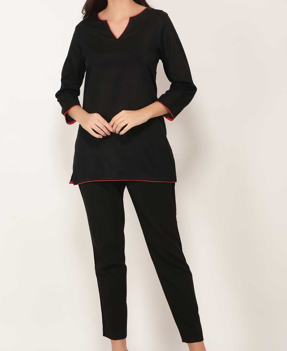 Black And Red Woven Cotton Tunic Top