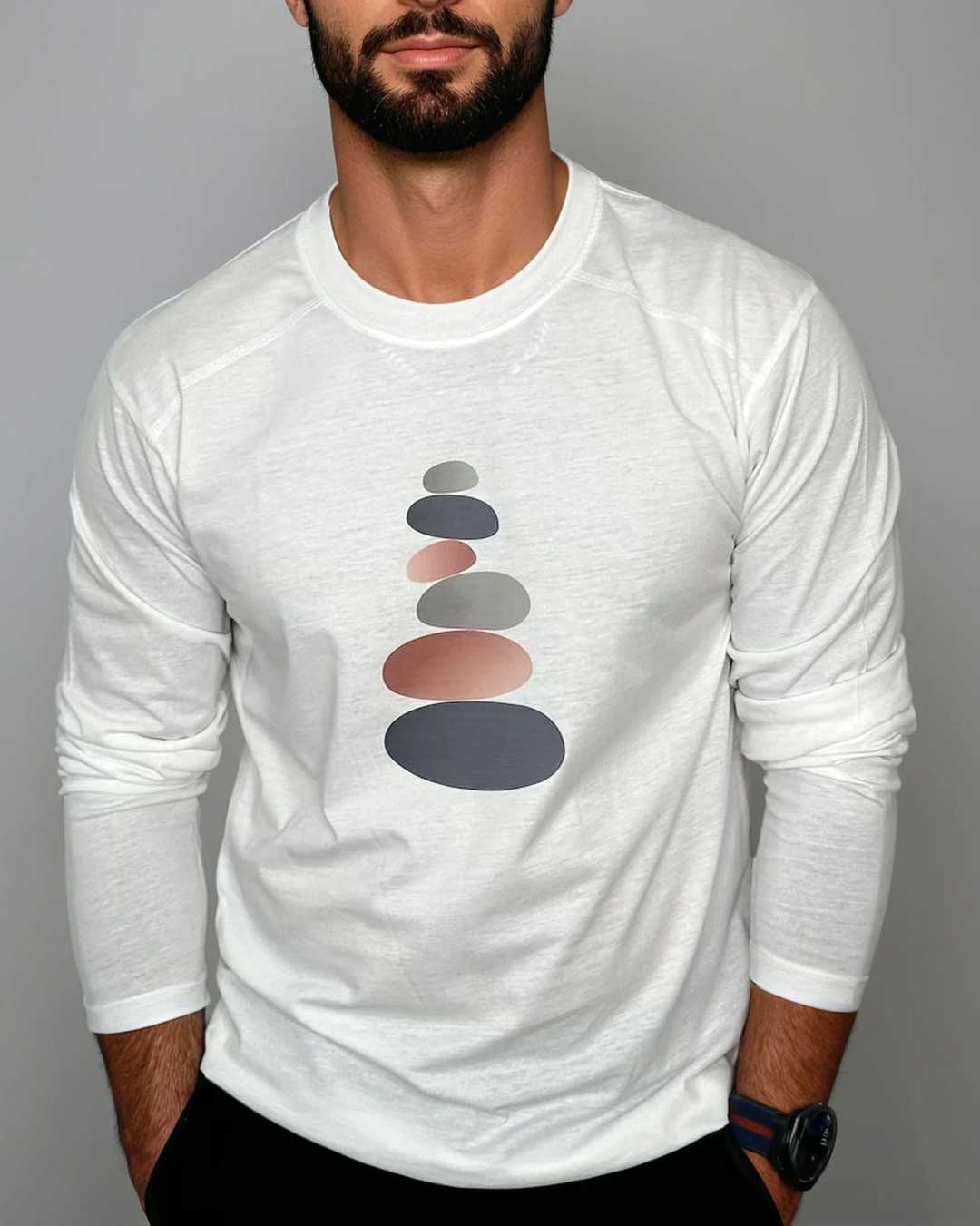 Recycled Cotton Tee – Men’s Long Sleeve Shirt with Symbolic Stone Stack Graphic
