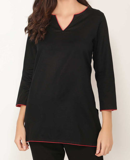Black And Red Woven Cotton Tunic Top