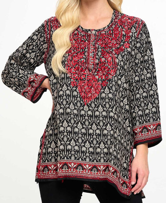 Black and White Tunic With Red Hand Embroidery