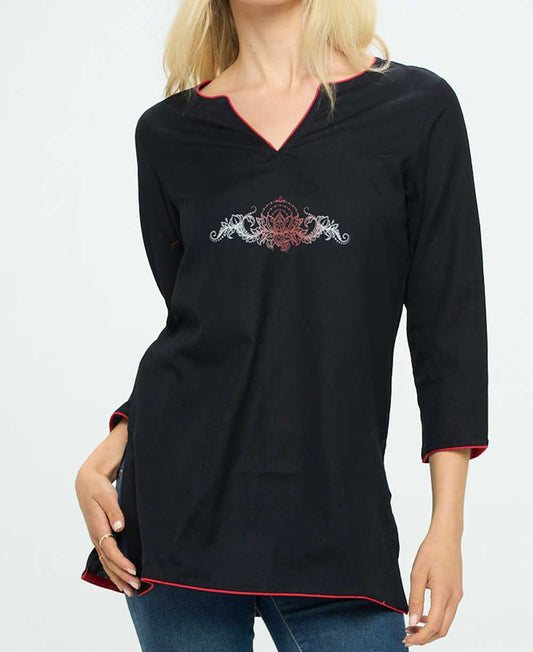 Black Cotton Tunic Top with Meaningful Lotus Design