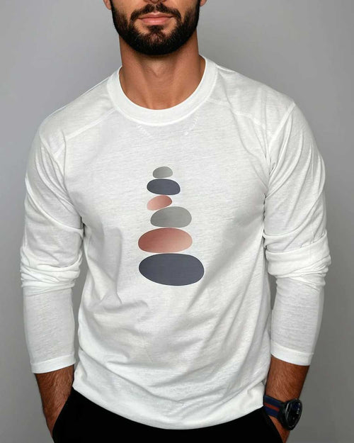 Recycled Cotton Tee – Men’s Long Sleeve Shirt with Symbolic Stone Stack Graphic