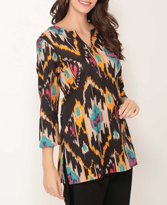 Ikat Inspired Printed Cotton Tunic Top