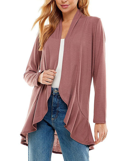 Light Weight Tree of Life Design Women's Long Sleeves Ruffle Cardigan in Dusty Rose