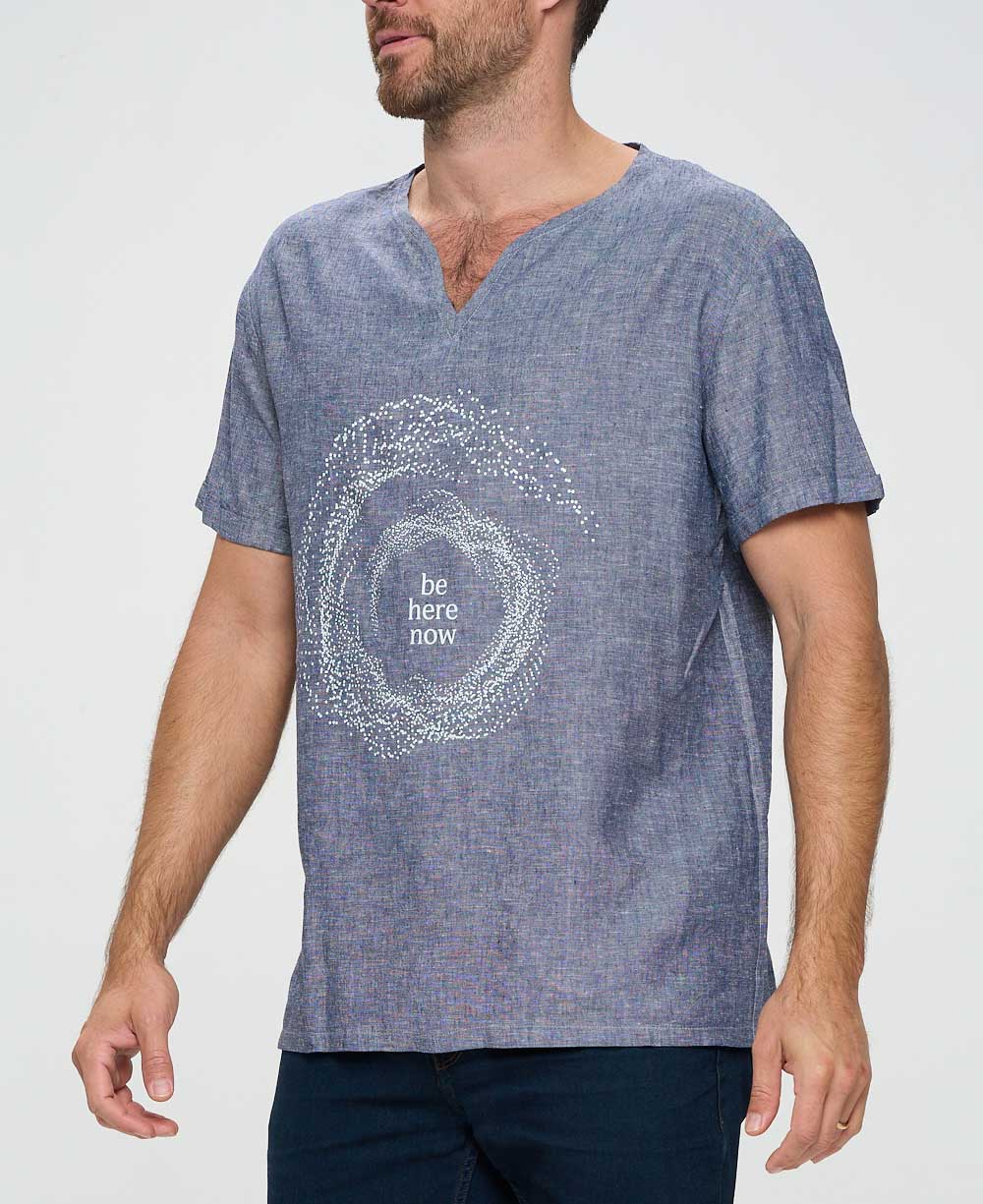 Men’s Be Here Now Blue Linen Inspirational Shirt