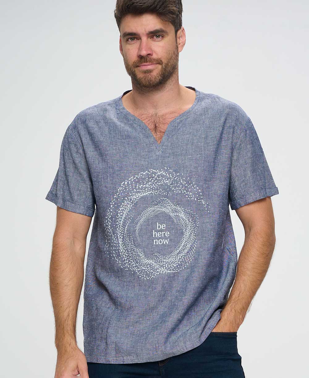 Men’s Be Here Now Blue Linen Inspirational Shirt