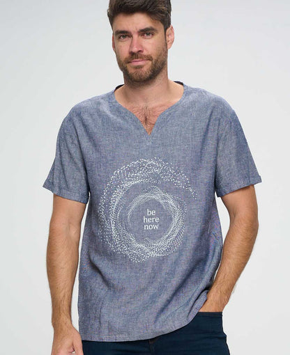 Men’s Be Here Now Blue Linen Inspirational Shirt