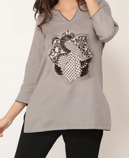 Peacock Lotus Mandala Grey and Black Cotton Tunic Top