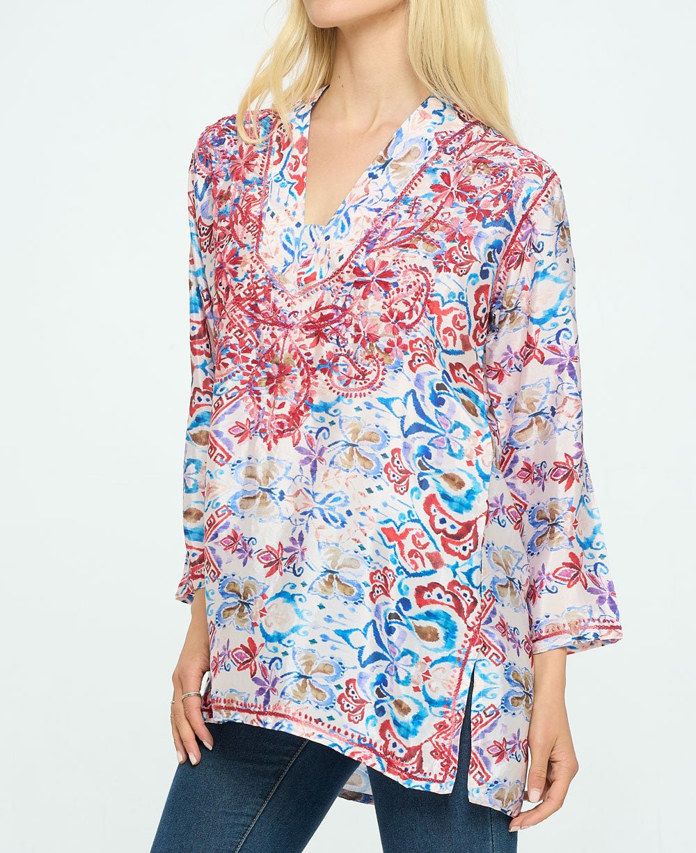 Red Embroidered Printed V Neck Tunic Top