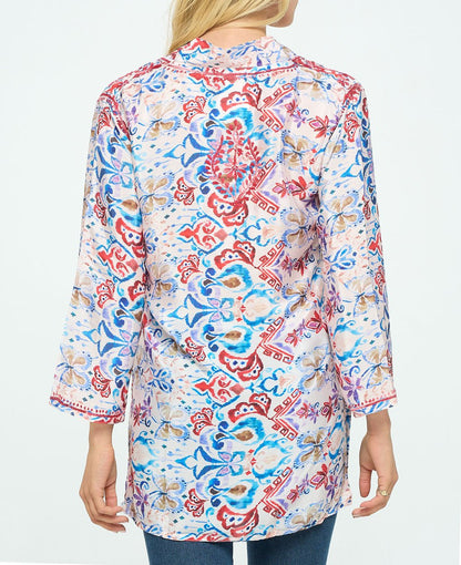 Red Embroidered Printed V Neck Tunic Top